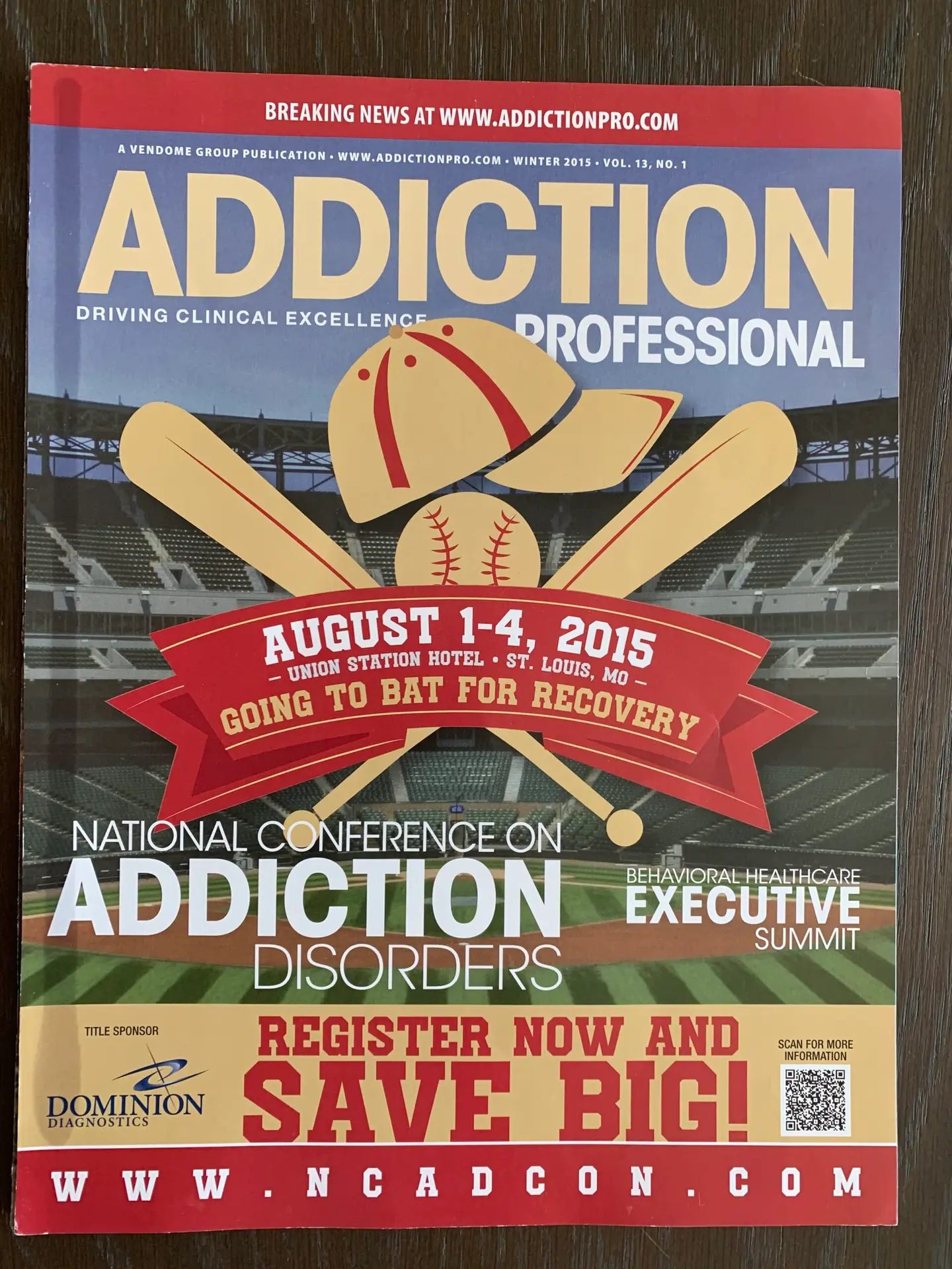 Addiction Professional magazine cover promoting the National Conference on Addiction Disorders, August 2015 in St. Louis.